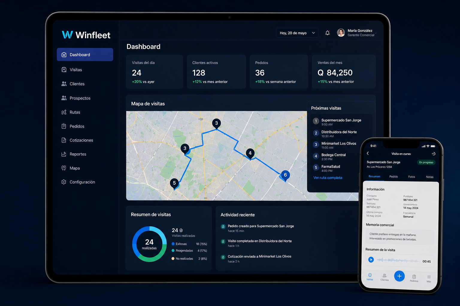 Dashboard de Winfleet en laptop y experiencia móvil
